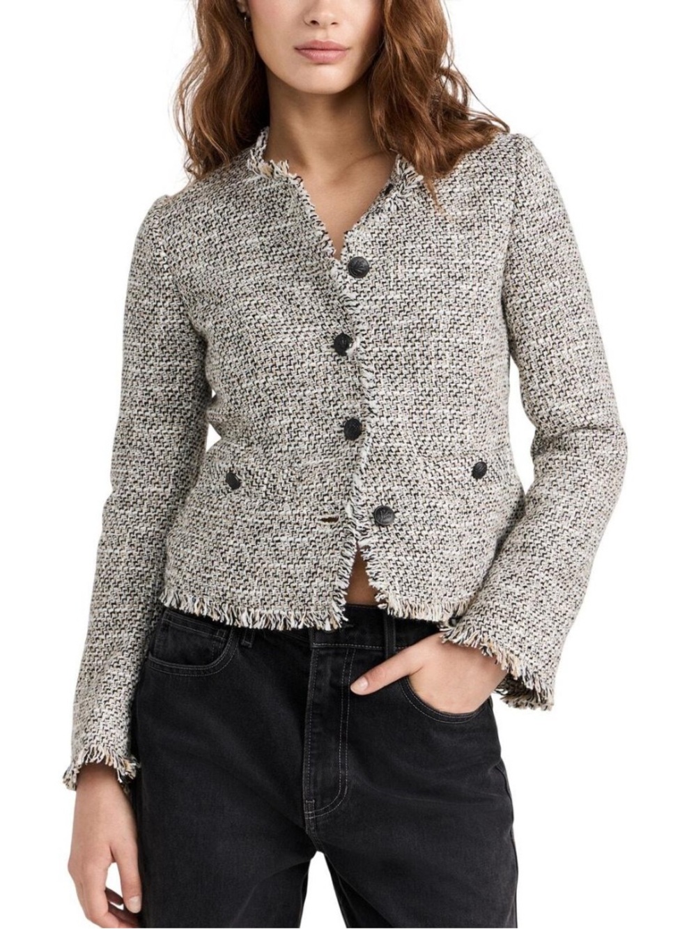 Rag & Bone Carmen Tweed Jacket
Frayed-Edge Gray and Cream Size 2 Wool Blend